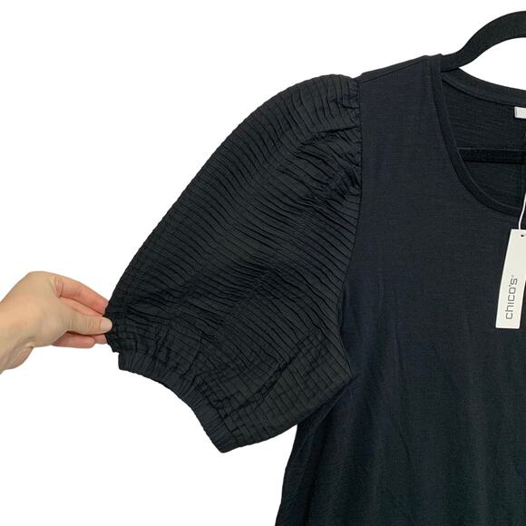 Chico's Textured Puff Sleeve Mini Dress Womens Sz 2 (L) Black Modal Quiet Luxury - Picture 4 of 6